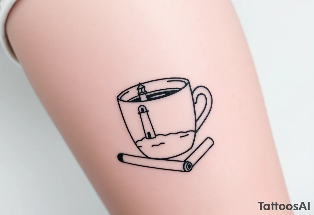 A mug of coffee
 with a picture of a 
 lighthouse on the the mug and a cigarette laying next to it tattoo idea