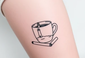 A mug of coffee
 with a picture of a 
 lighthouse on the the mug and a cigarette laying next to it tattoo idea