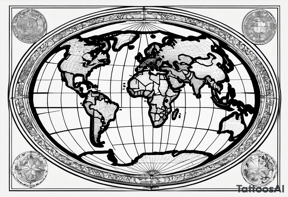 the earth on a flat map with no shading placed on a grid with only the lines with accurate depictions of the borders in countries while having it in an oval/circular position on a grid without any borders on the sides while having the countries not have such bold borders tattoo idea