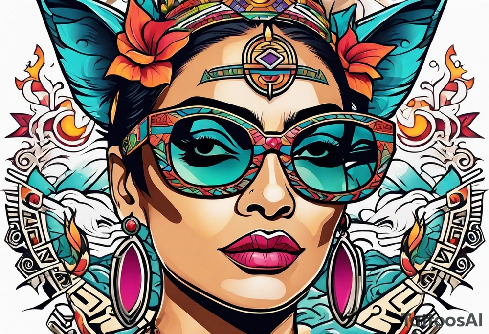 Colorful Mayan hieroglyph wearing sunglasses with bats and water tattoo idea