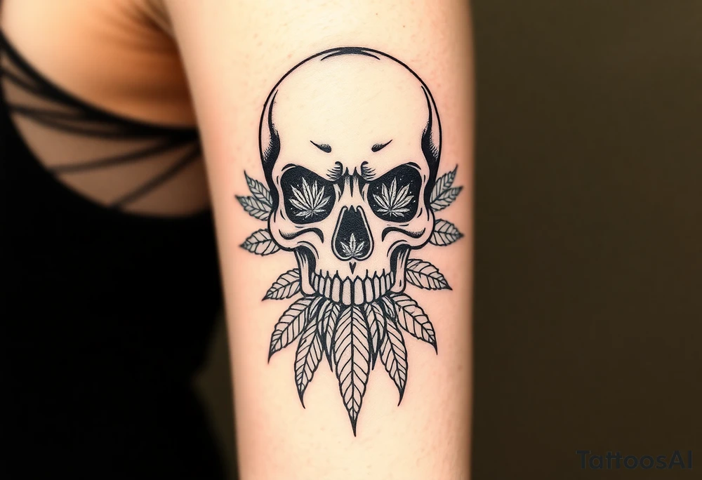 "Create a bold, black-and-white illustration of a stylized skull with intricate detailing. Incorporate cannabis leaves extending downward like a beard and marijuana buds filling the eye sockets. Ensure the design is symmetrical, high-contrast, and resembles a tattoo-style artwork with sharp, clean lines." tattoo idea