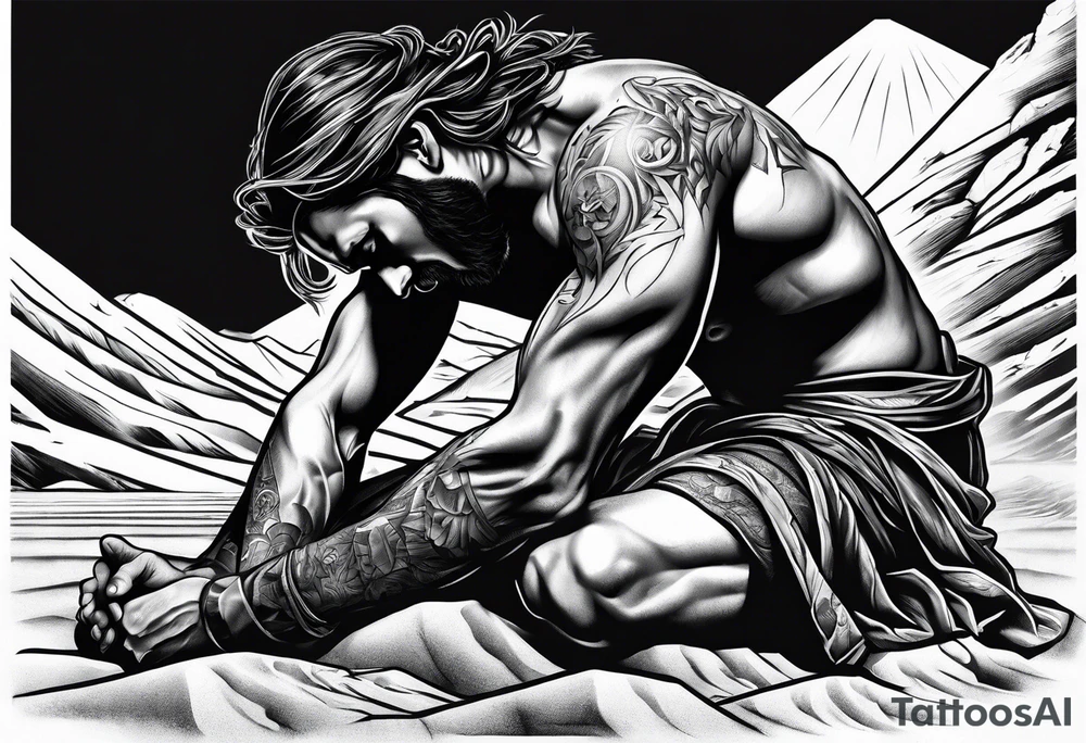 man crawling in a desert reaching to the cross of Christ tattoo idea