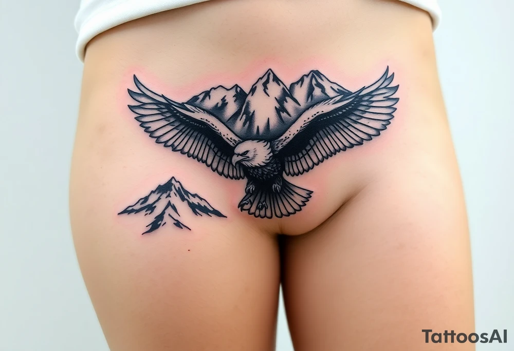 majestic eagle spreading wings against mountain peaks tattoo idea