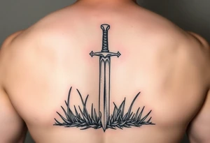 realistic sword in the ground with light grass showing humbleness. tattoo idea