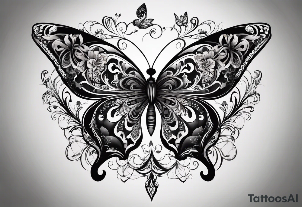 Dark ornamental, borboleta abstrata com uma adaga vertical centralizada no meio da horboleta tattoo idea