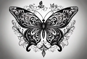 Dark ornamental, borboleta abstrata com uma adaga vertical centralizada no meio da horboleta tattoo idea