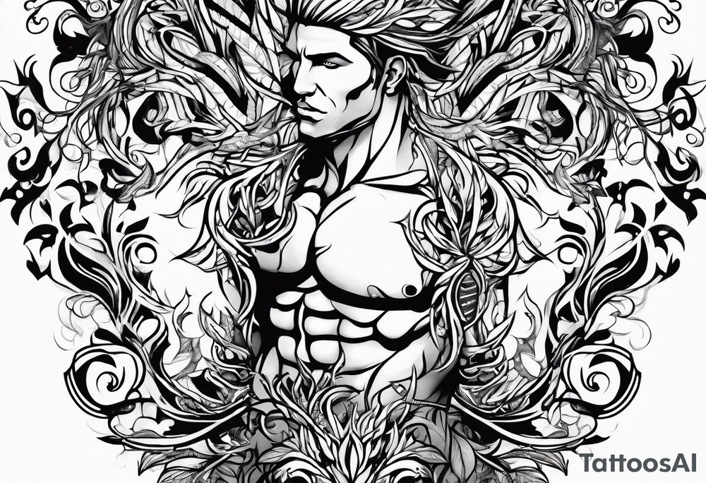 vines coming from skin and wrapping around body. front torso (chest, abs) male tattoo idea