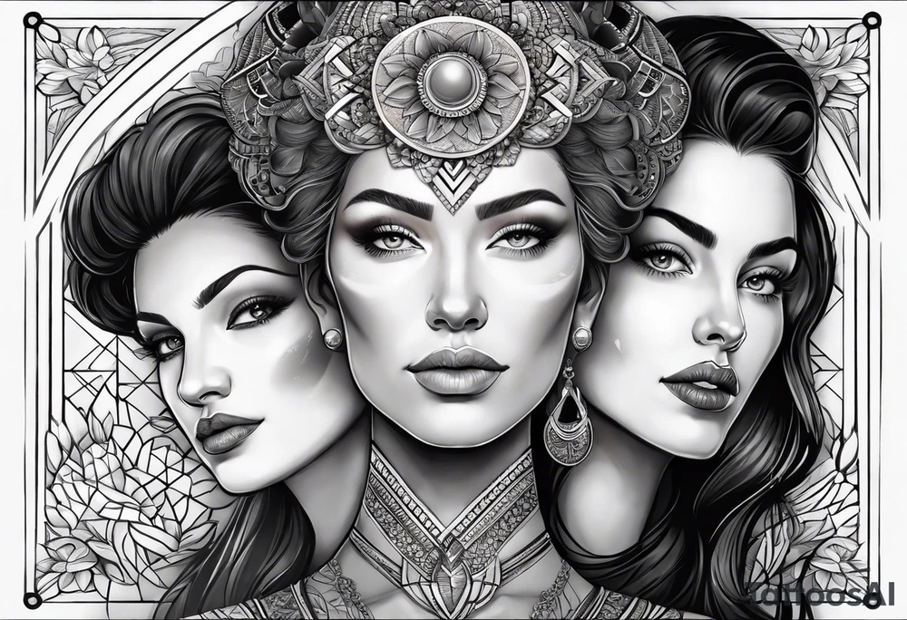 Three women's faces next to each other. The woman on the left a young woman18yo, the middle  is a mother40 yo the right is a grandmother 70yo tattoo idea