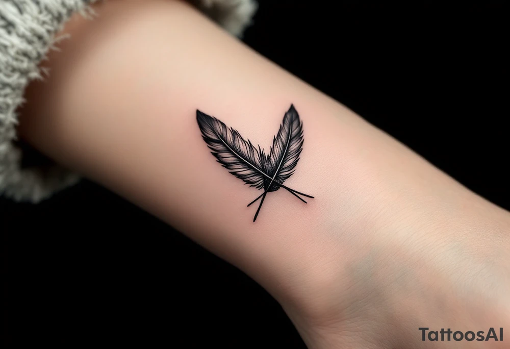 Two soft black and gray crow feathers crossed over each other, detailed with fine lines and subtle shading, symbolizing duality and transformation. tattoo idea