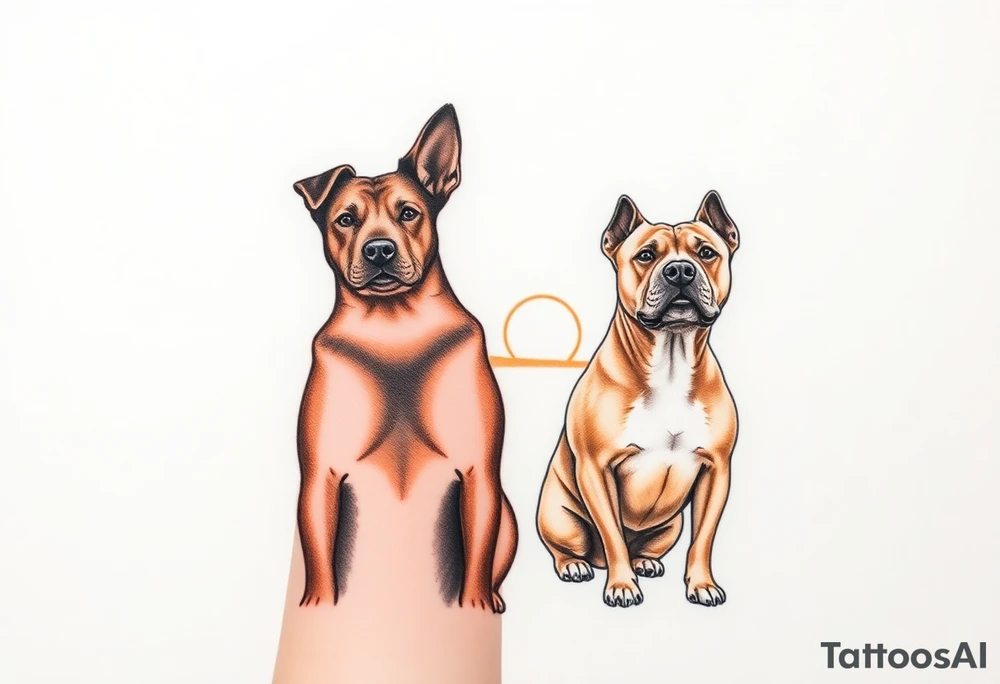 a mertle austrailian cattle dog and a tan pitbull standing looking out over into the sunset tattoo idea