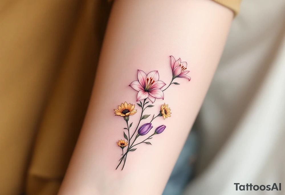 Dainty stargazer lillies in light pink with no outline with small yellow sunflowers and purple tulip buds in a dainty wildflower bouquet with stems tattoo idea