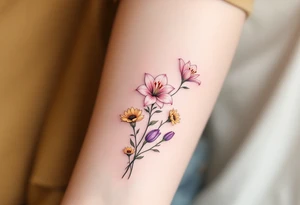 Dainty stargazer lillies in light pink with no outline with small yellow sunflowers and purple tulip buds in a dainty wildflower bouquet with stems tattoo idea