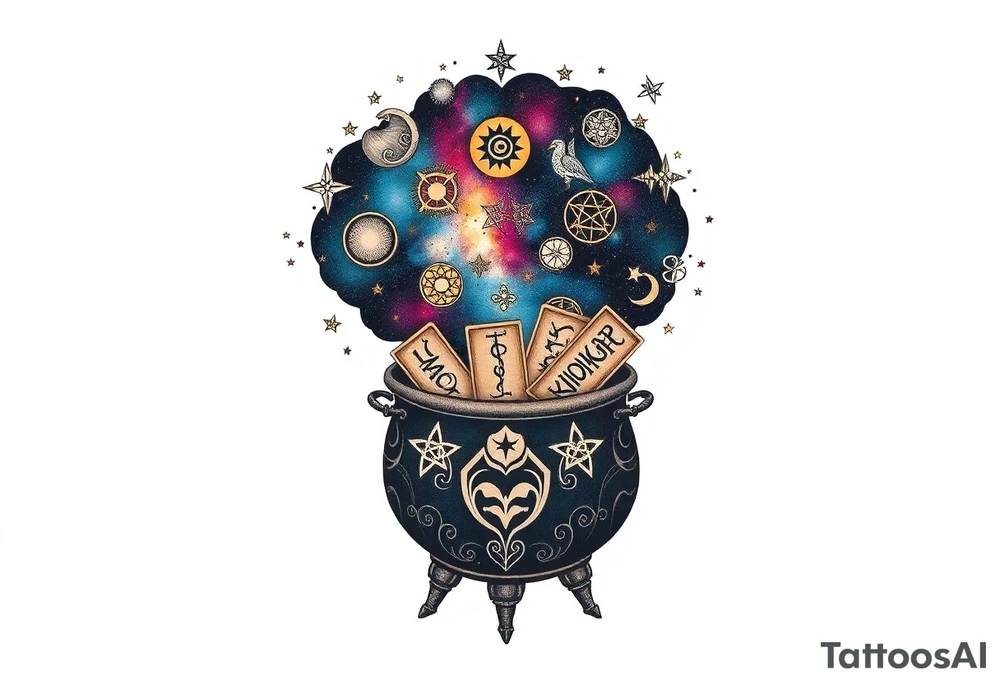 Milky way galaxy filled with zodiac symbols runes tarot cards coming out of a cauldron tattoo idea
