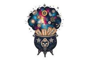 Milky way galaxy filled with zodiac symbols runes tarot cards coming out of a cauldron tattoo idea