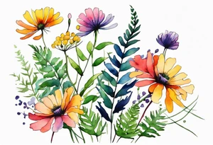 Multi colored wild flowers long stems bouquet with ferns all watercolor tattoo idea
