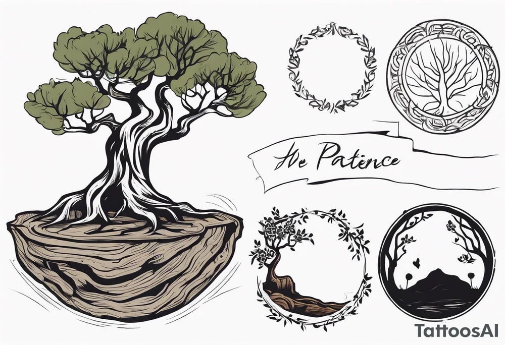 And olive tree with exposed roots, writing out “patience” in Korean, next to a tree stump with exposed rings, and a small Poppy flower growing out of the ground tattoo idea