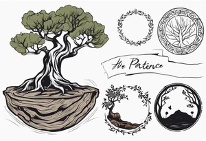 And olive tree with exposed roots, writing out “patience” in Korean, next to a tree stump with exposed rings, and a small Poppy flower growing out of the ground tattoo idea