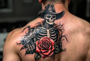 a full body skeleton cowboy gunslinger with a rose in his mouth. tattoo idea