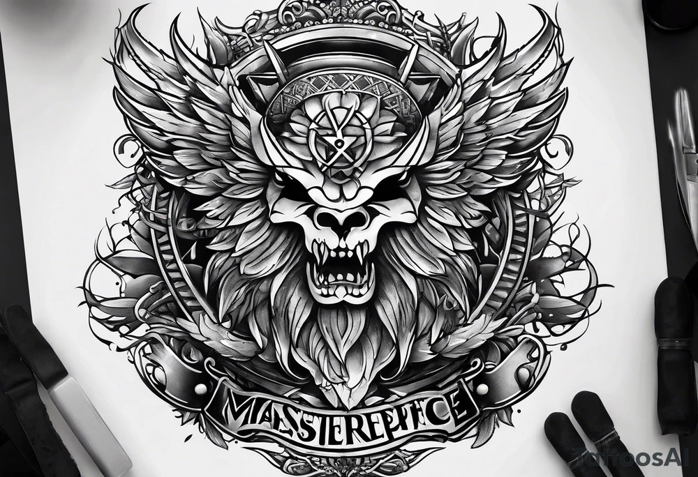 with a juctice emblem a knife and scale tattoo idea