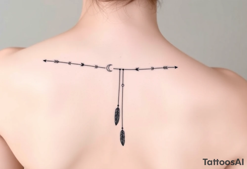 Narrow vertical memorial chain of symbols made of a moon, galaxy inspired symbols symbolizing loss, a brother and sister bond, and strength in a boho style following down the spine in with 3 vertical different lengths flowing lines made of a discreet connection of morse code ".--- .- --.     .-.. ... -.- .- .-.   -.. .. --.     .-.. .. .-.. .-.. . -... .-. --- .-. forming 3 arrow shapes connected to 3 flowing feathers hanging from the end of the morse code lines tattoo idea