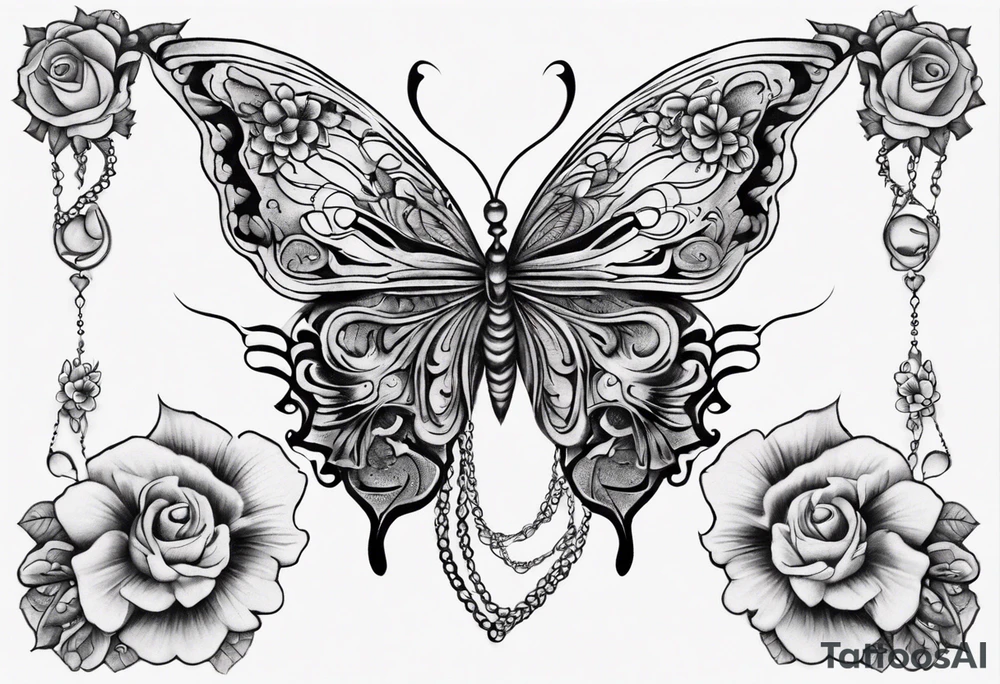 Butterfly wrap tattoos with large centre piece with moon and floral theme and heart. Bracelet around ankle show on higher ankle tattoo idea