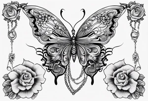 Butterfly wrap tattoos with large centre piece with moon and floral theme and heart. Bracelet around ankle show on higher ankle tattoo idea