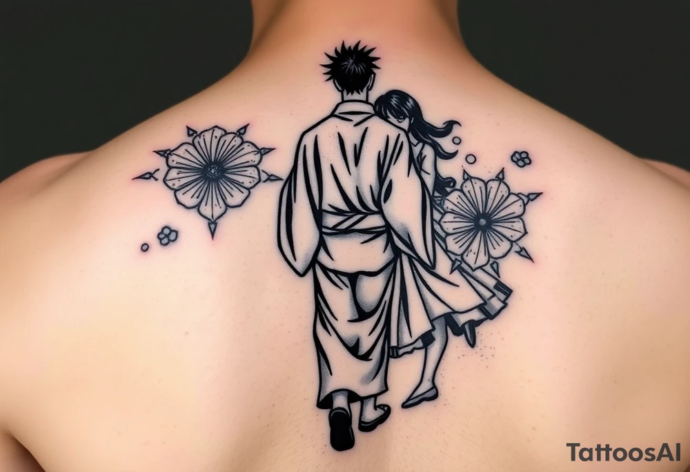 An abstract tattoo of a guy in a kimono walking forward while a girl pushes him from behind. tattoo idea
