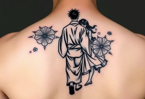 An abstract tattoo of a guy in a kimono walking forward while a girl pushes him from behind. tattoo idea