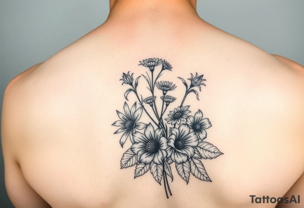 Bouquet of birth flowers of months of march April may July September and October tattoo idea