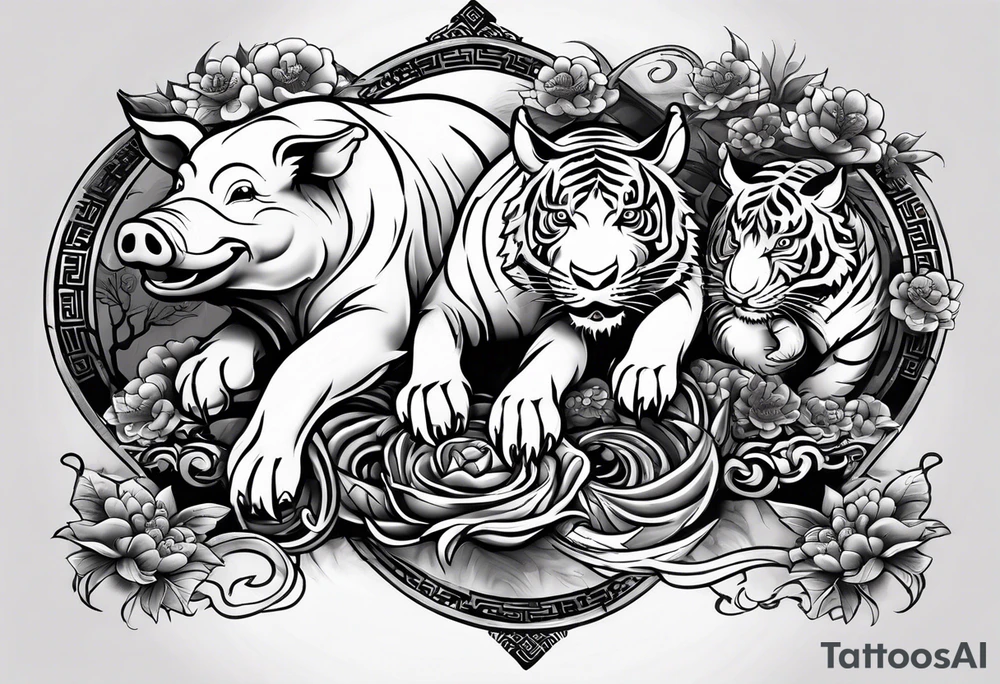 I want a tattoo of a pig, rat, snake, dog, and tiger all together representing the years my children were born in Chinese new years tattoo idea