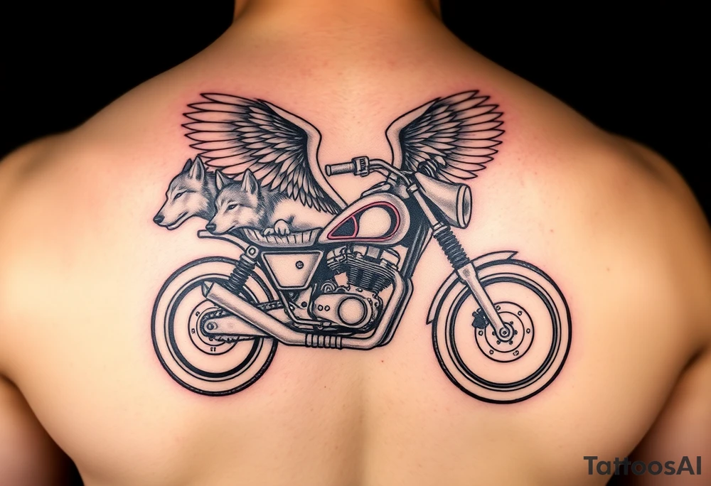 a motorcycle on it with guardian angel wolves on the bike tattoo idea