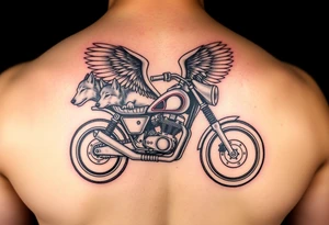 a motorcycle on it with guardian angel wolves on the bike tattoo idea