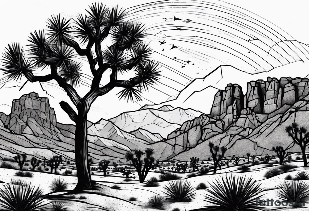 Joshua Tree with mountains and pine trees tattoo idea