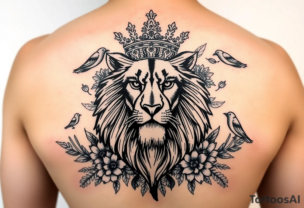 powerful majestic lion with a crown, surrounded by floral ornaments and birds tattoo idea