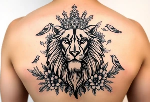 powerful majestic lion with a crown, surrounded by floral ornaments and birds tattoo idea