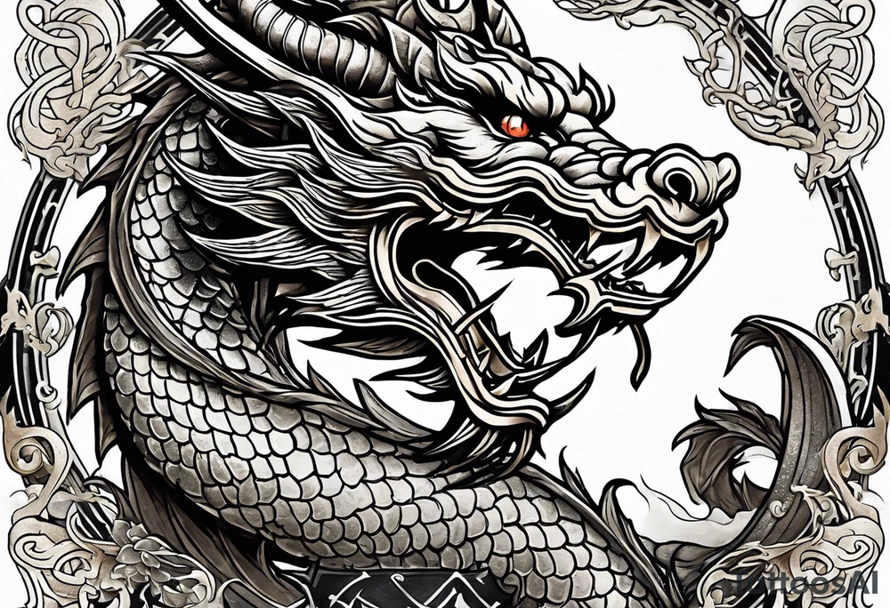 Create a detailed tattoo of Asian dragon wrapping around an anchor centered on taeguk. tattoo idea