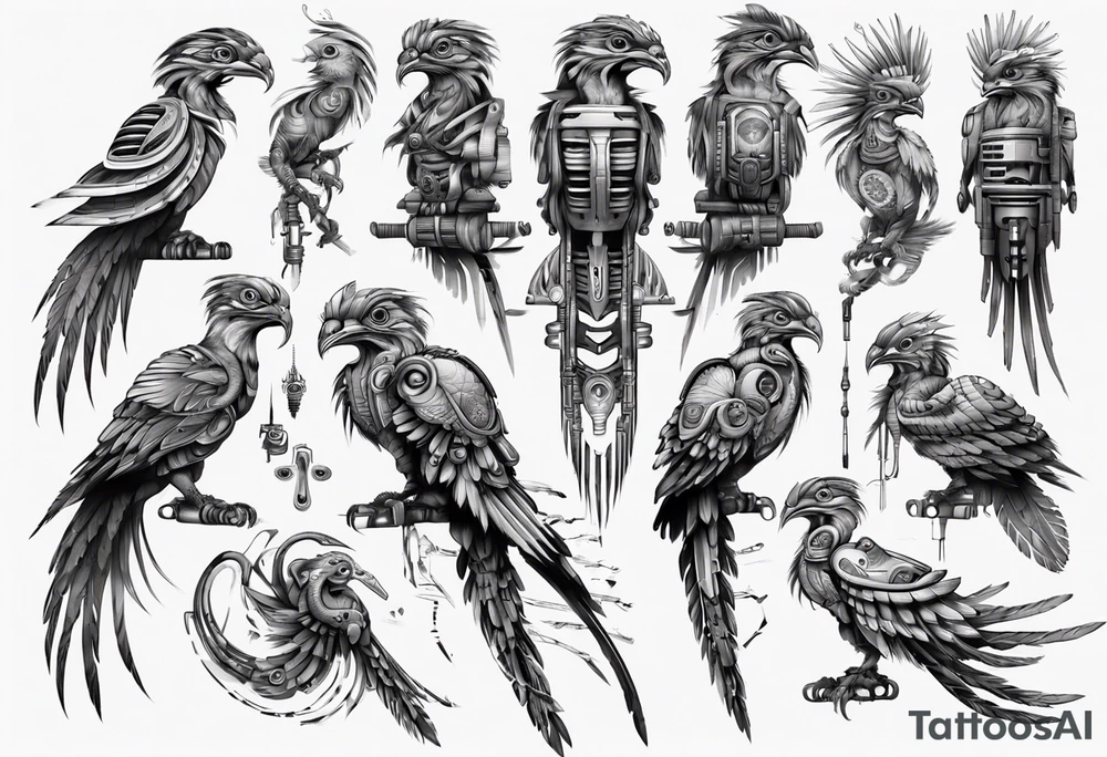 Cyberpunk Guatemalan Quetzal tattoo idea