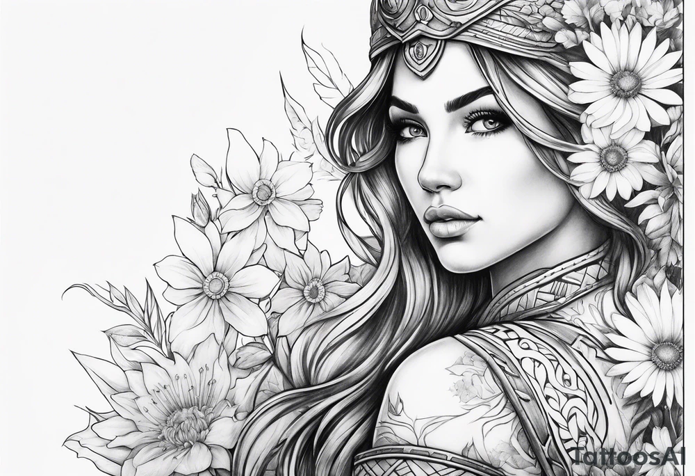Warrior princess and wildflowers half sleeve tattoo idea