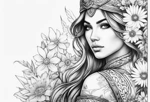 Warrior princess and wildflowers half sleeve tattoo idea