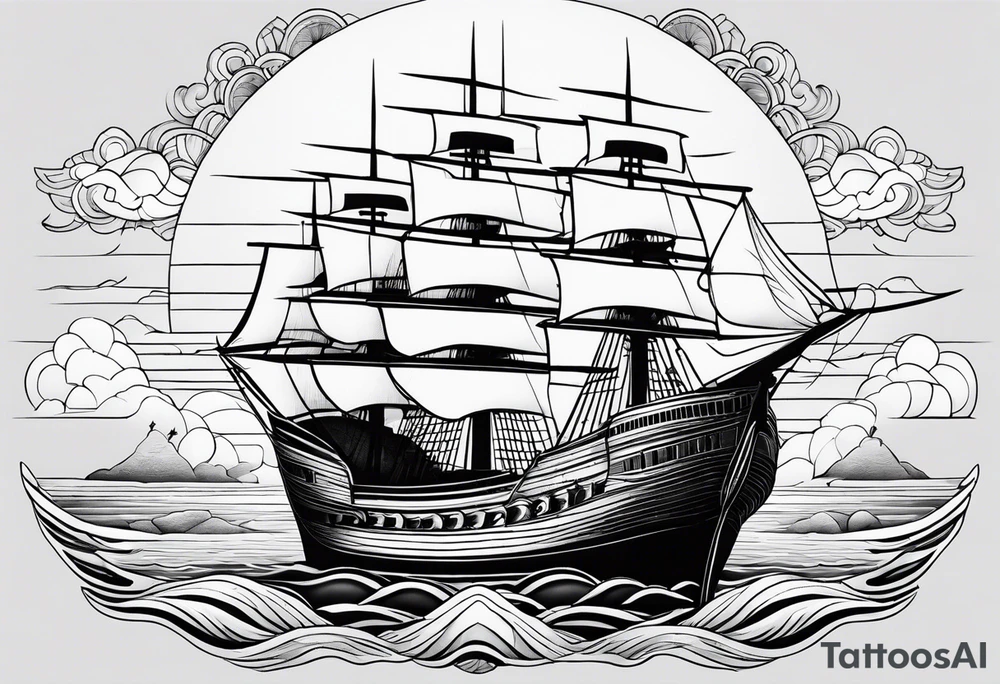 huge wooden ship with sun  and calm waters tattoo idea