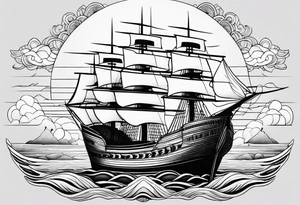 huge wooden ship with sun  and calm waters tattoo idea