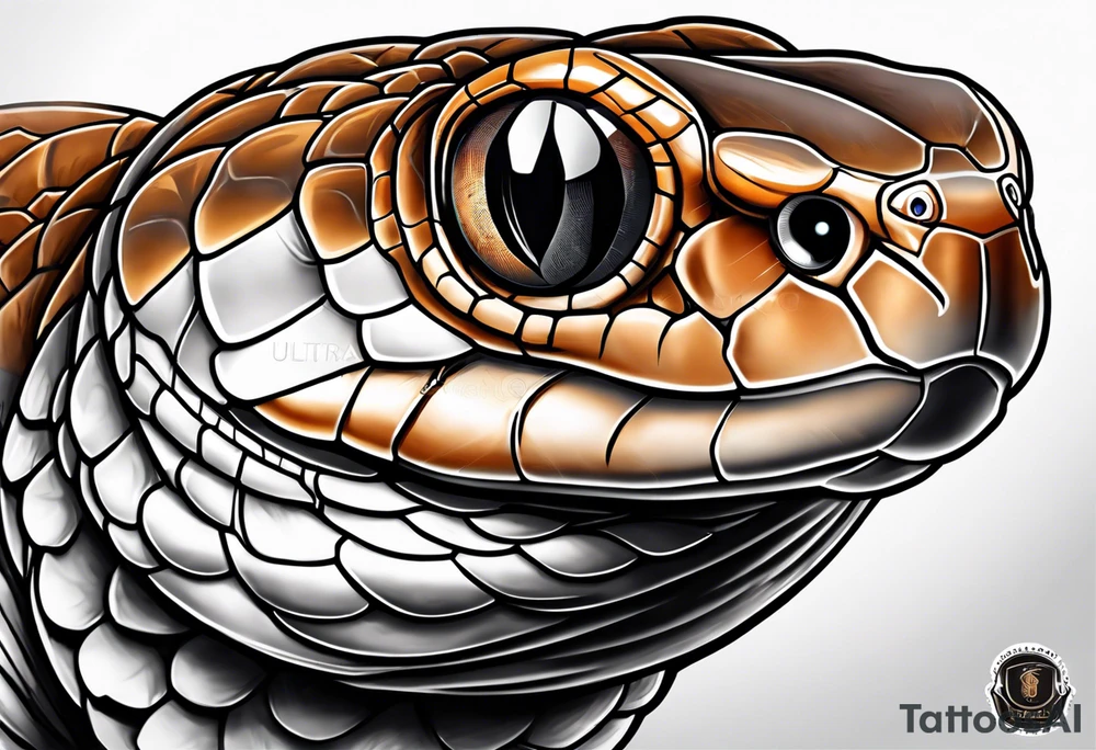 Copperhead with just the head turned up and mouth open and black and white with copper colored eyes tattoo idea
