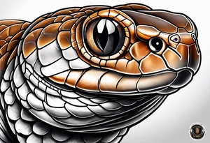 Copperhead with just the head turned up and mouth open and black and white with copper colored eyes tattoo idea