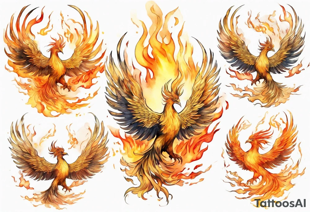 a golden phoenix surrounded by the flames of the sun tattoo idea