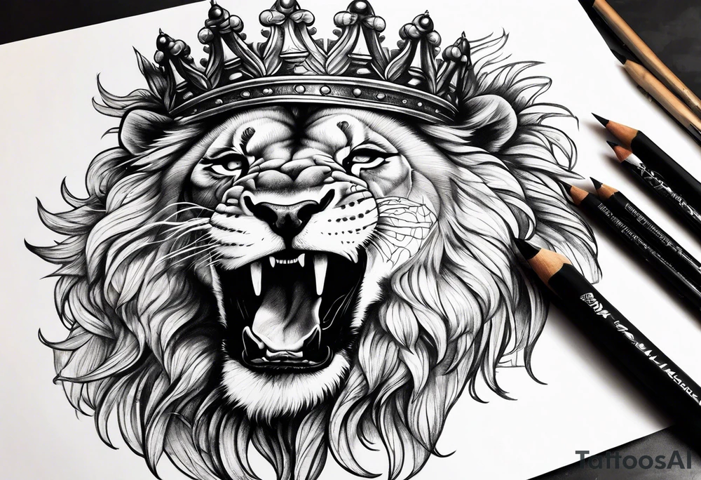 Majestic biting Lion with Crown tattoo idea