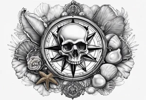 Compass, oyster with pearl, shells, starfish, skull tattoo idea