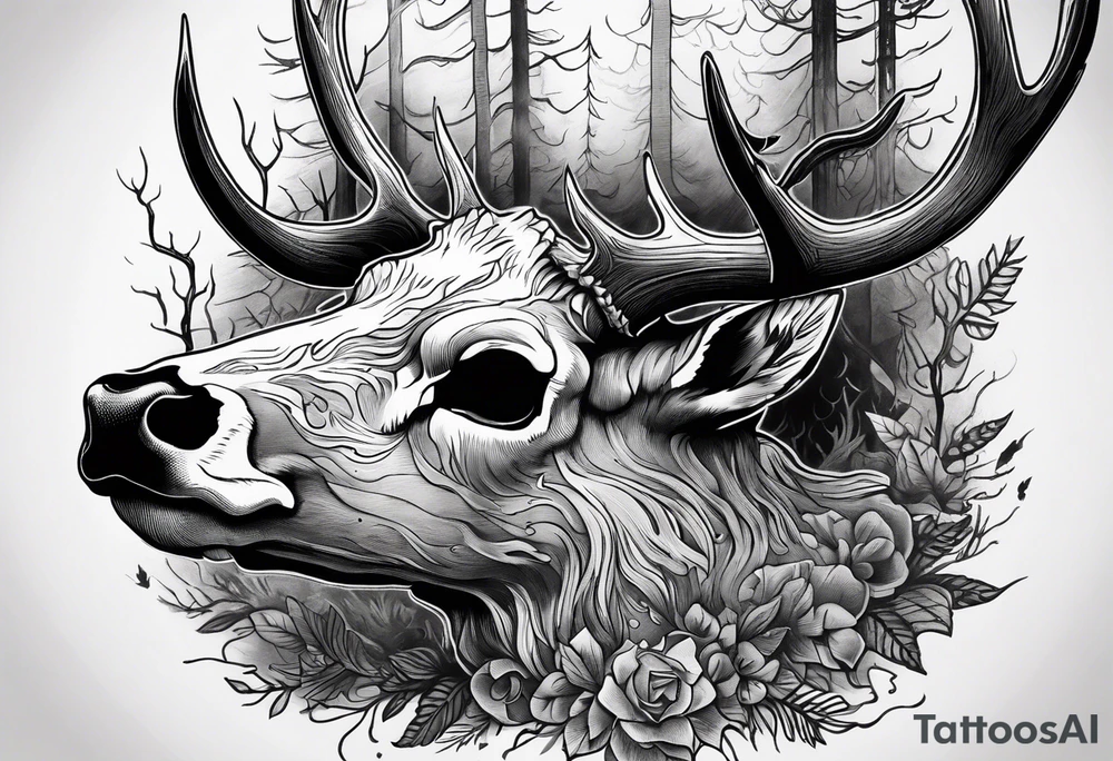 A side view of a frightening horror DECAYING deer skull JUST BONE surrounded by a forest fire in background tattoo idea