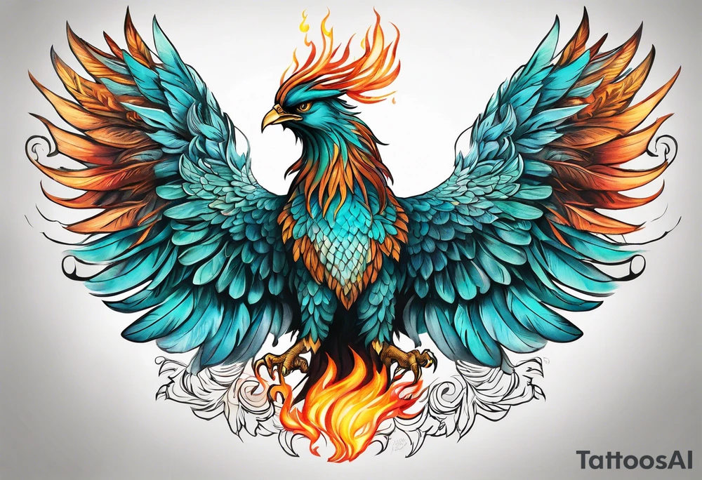 Proud Strong phoenix with turquoise ends of flames of wings tattoo idea