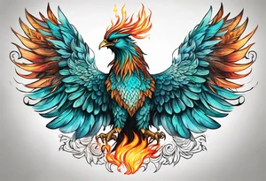 Proud Strong phoenix with turquoise ends of flames of wings tattoo idea