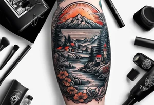 a half sleeve depicting a lifestyle of travel, family, hiking, roads, and scuba diving tattoo idea